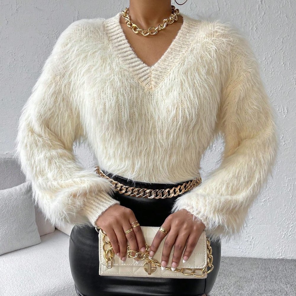White Preppy womens Solid V Neck Fuzzy Knit Sweater - Picture 5 of 6